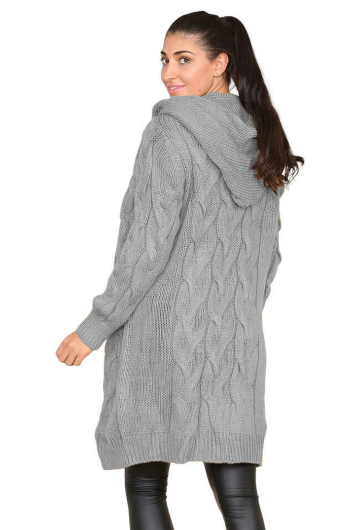 Long knitted coat for women with an elegant cable pattern and hood Lune London
