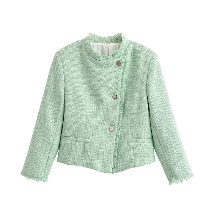 Women Cropped Boucle Blazer with Fringe Hem, Stand-up Collar and Piped Pockets Amarae