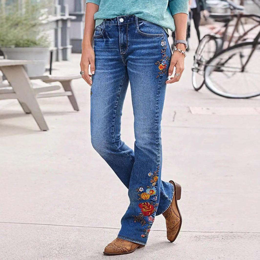 Women's Bootcut Jeans with Side Floral Embroidery and Comfortable Stretch Waistband Amarae