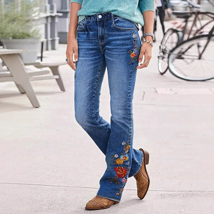 Women's Bootcut Jeans with Side Floral Embroidery and Comfortable Stretch Waistband Amarae