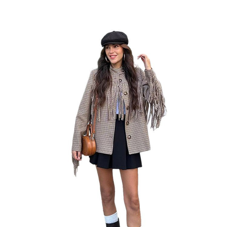 Women's short blazer with fringe and houndstooth pattern Amarae