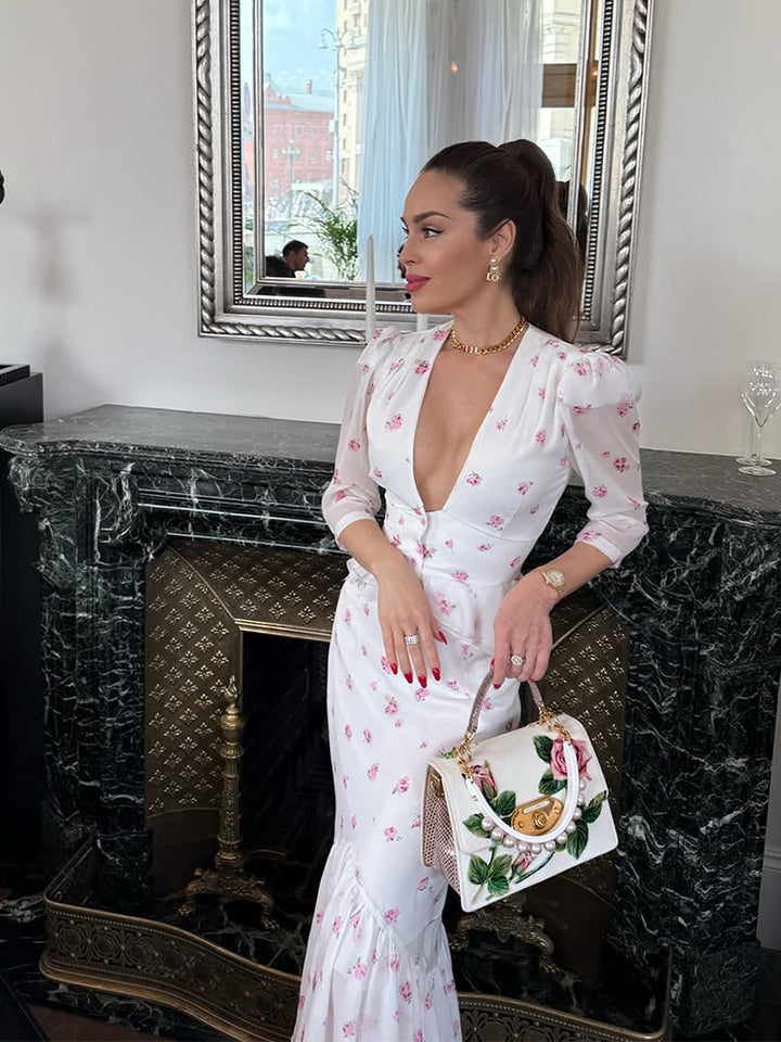 Women's Floral Satin Midi Dress with Deep V-Neck, Puff Sleeves, and Tailored Gathering Amarae