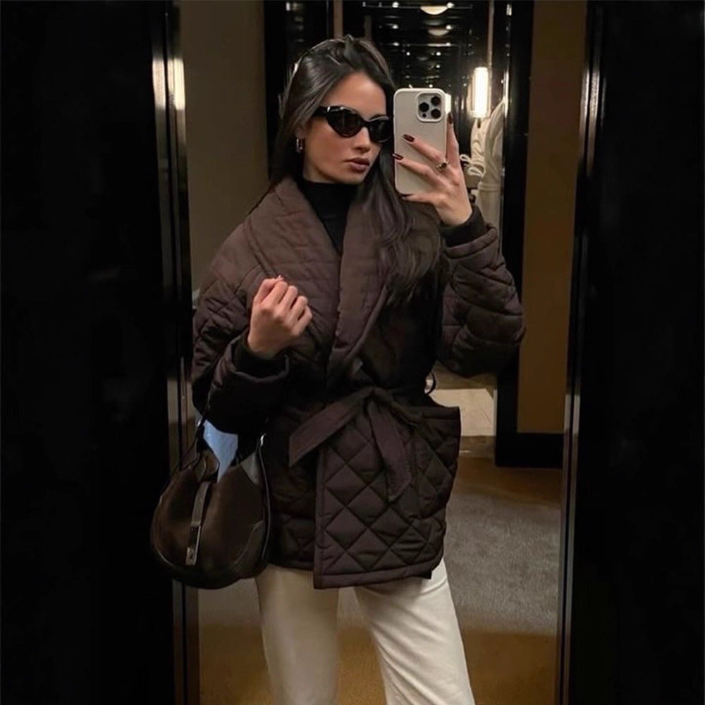 Women's wrap quilted jacket with tie belt at the waist and shawl collar Amarae