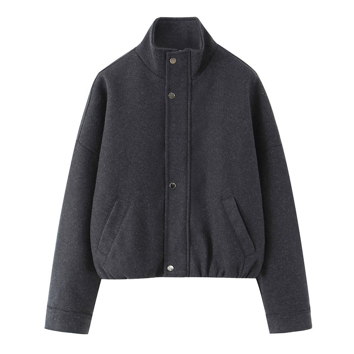 Women's short bomber-style jacket with stand-up collar, snap button placket, and elastic hem Amarae
