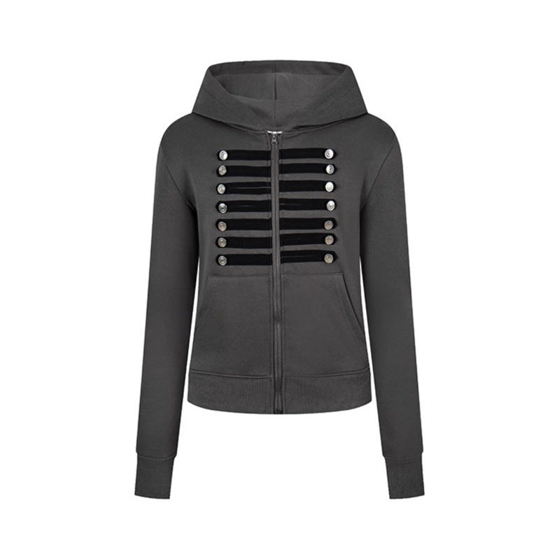 Women's hooded sweatshirt jacket with decorative military braid trim and decorative buttons Amarae