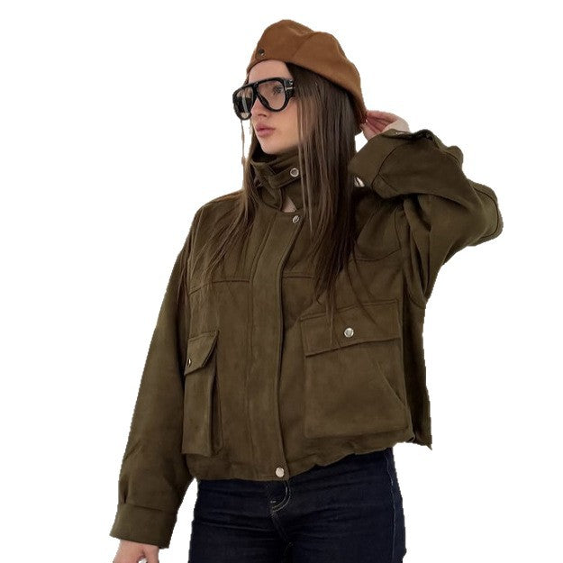 Women's Cropped Velvet Jacket in Utility Style with Hood and Patch Pockets Amarae