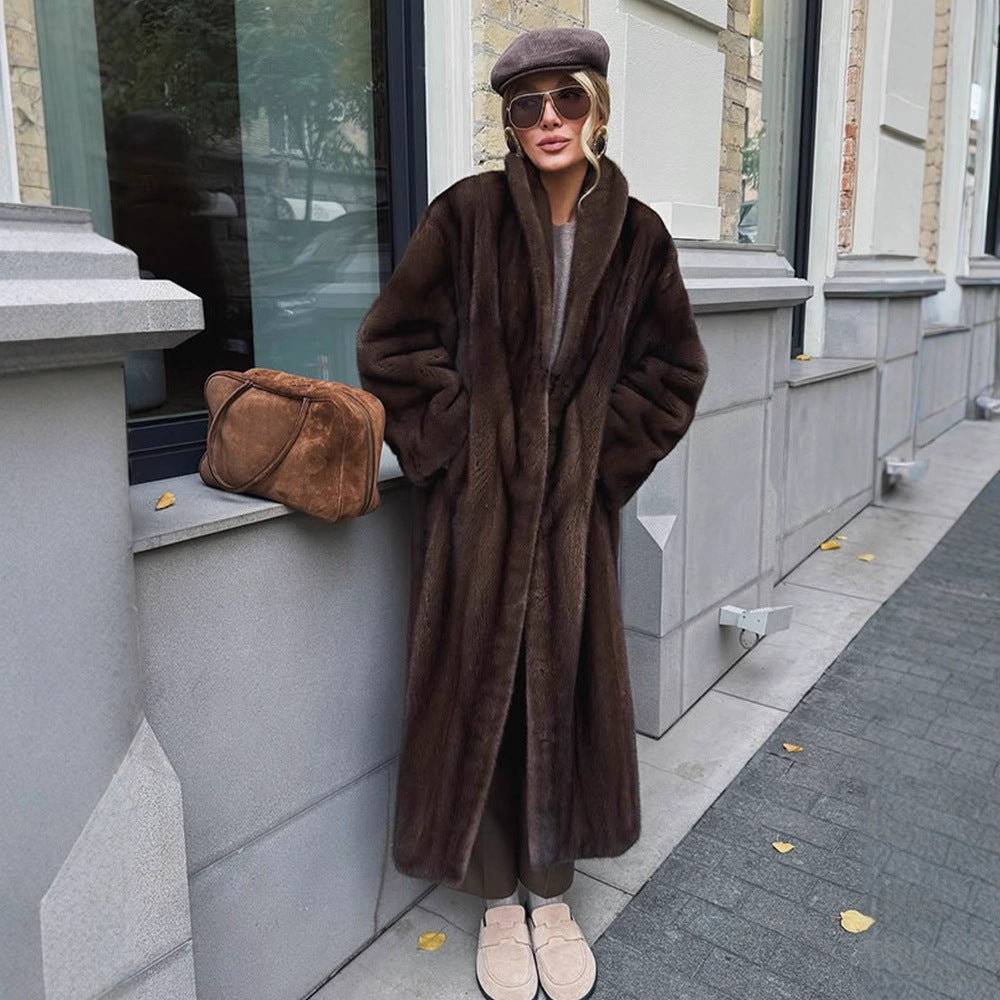 Women Long Faux Fur Coat with Stand-Up Collar and Oversized Fit Amarae