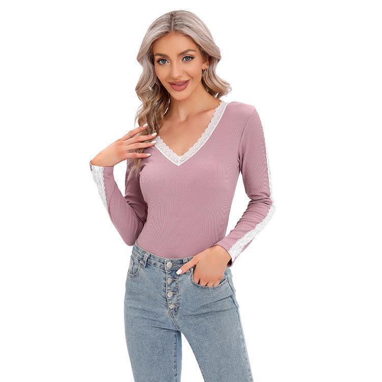Woman Long Sleeve Top with V-neck and Lace Accents Lune London