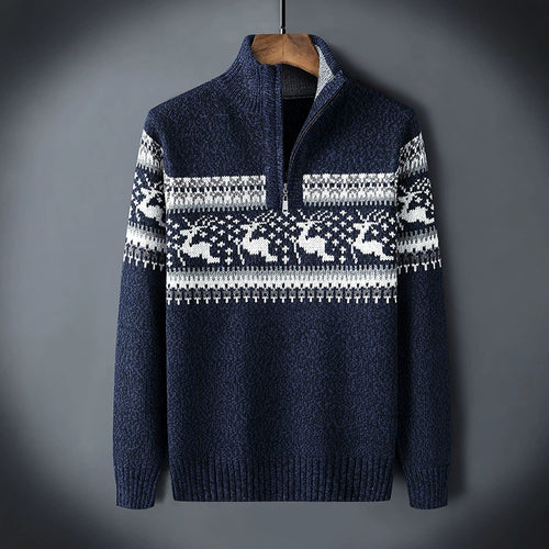 Amarae | Winter sweater for men - warm knitted sweater with half-zip and Scandinavian reindeer pattern