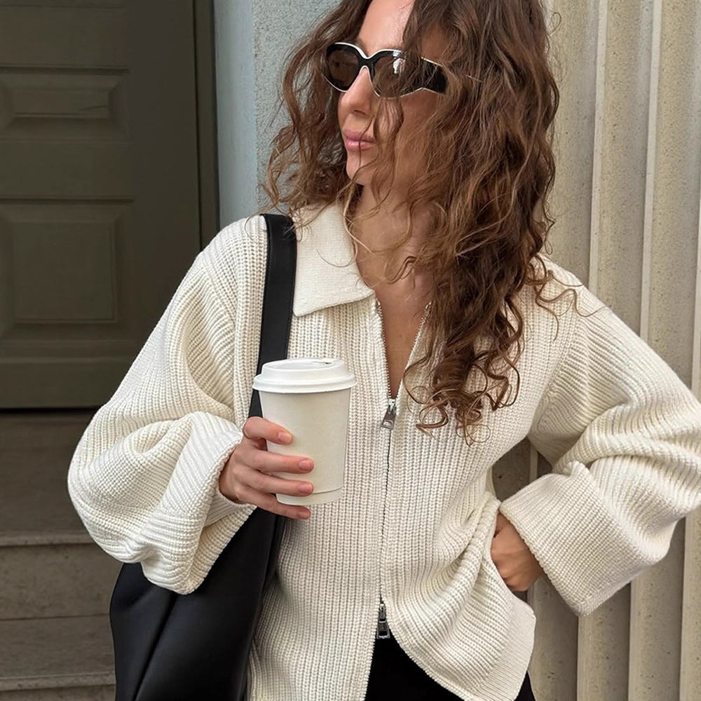 Women Ribbed Cardigan with Zipper, Shirt Collar & Balloon Sleeves Amarae