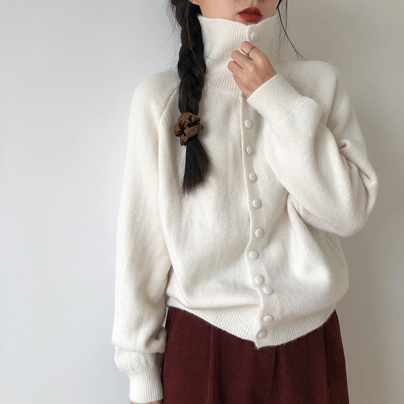 Women's knit jacket with modern turtleneck and button details Lune London