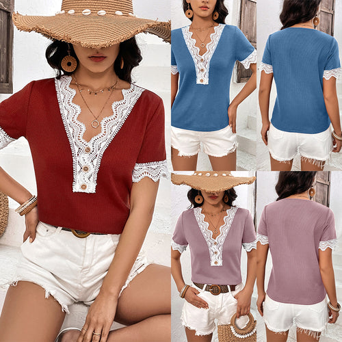 Casual women's t-shirt with lace collar and button details Amarae