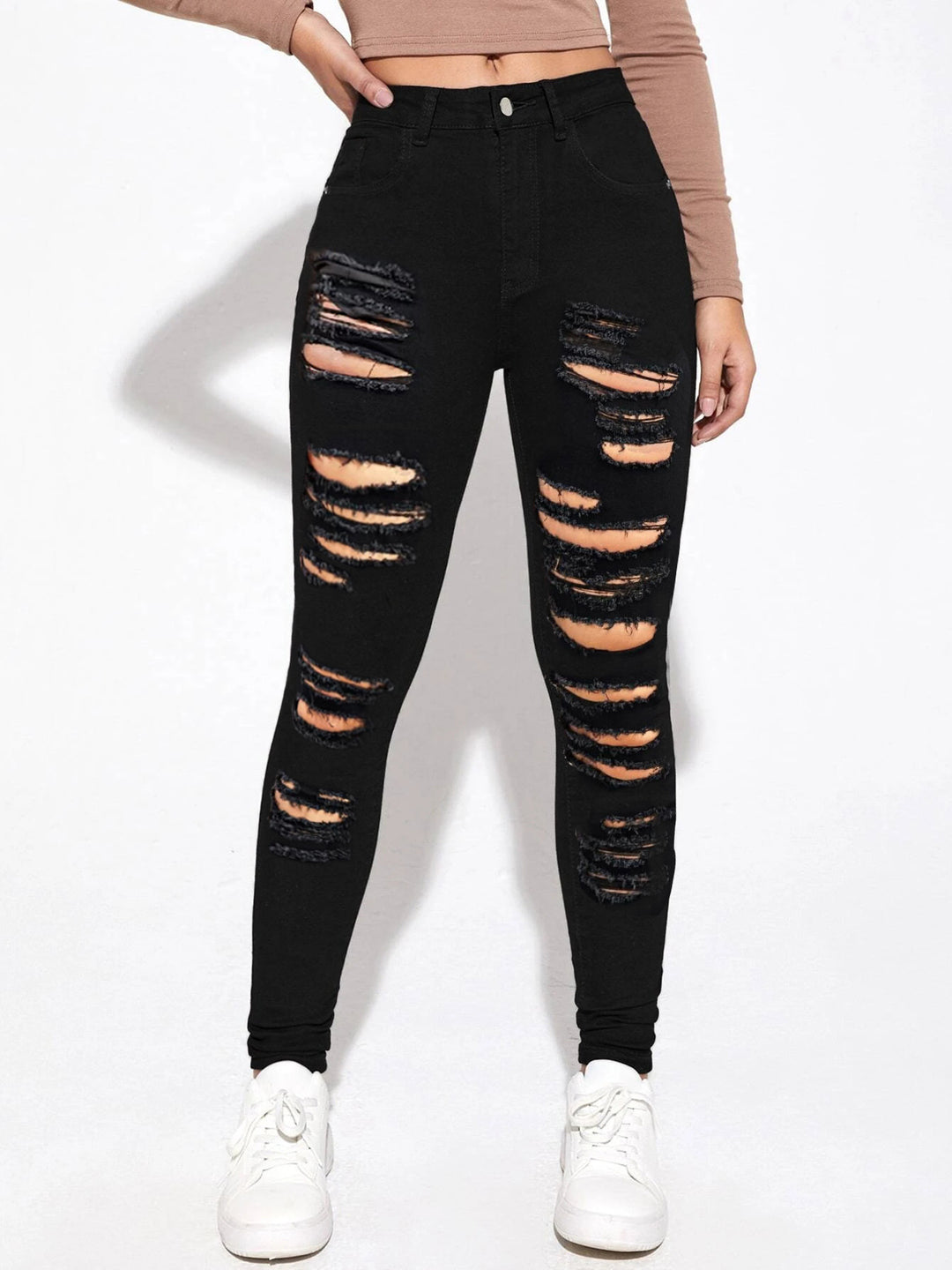 Women's high-waisted super stretch jeans in skinny fit with pronounced destroy rips Amarae
