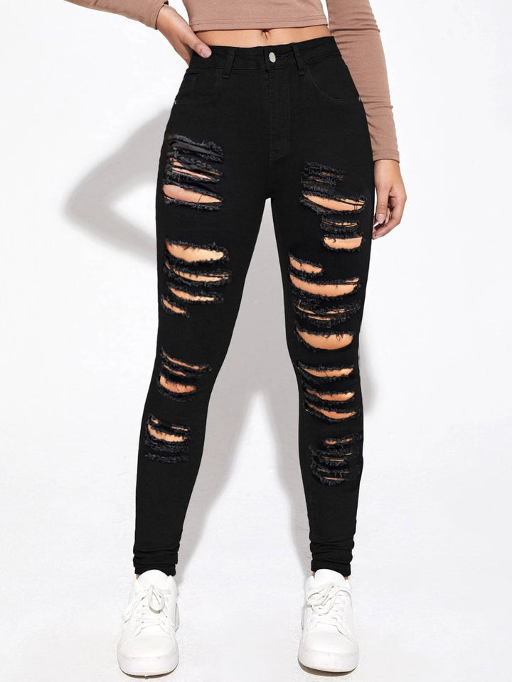Women's high-waisted super stretch jeans in skinny fit with pronounced destroy rips Amarae