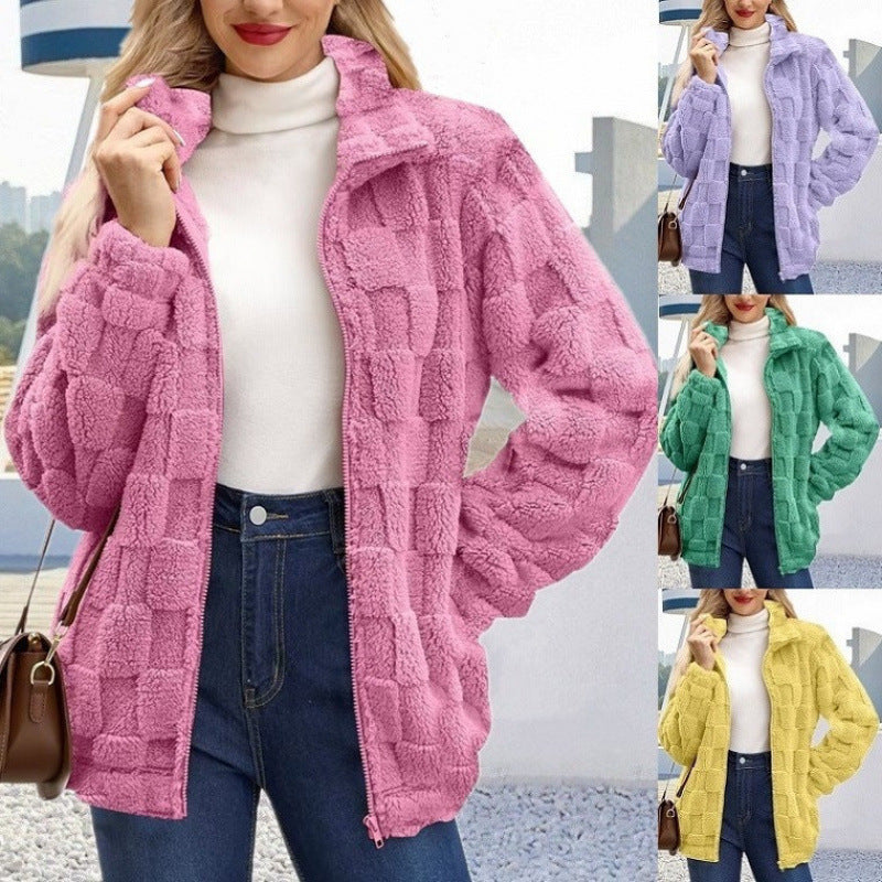Women's teddy jacket with check structure, stand-up collar and zipper Amarae