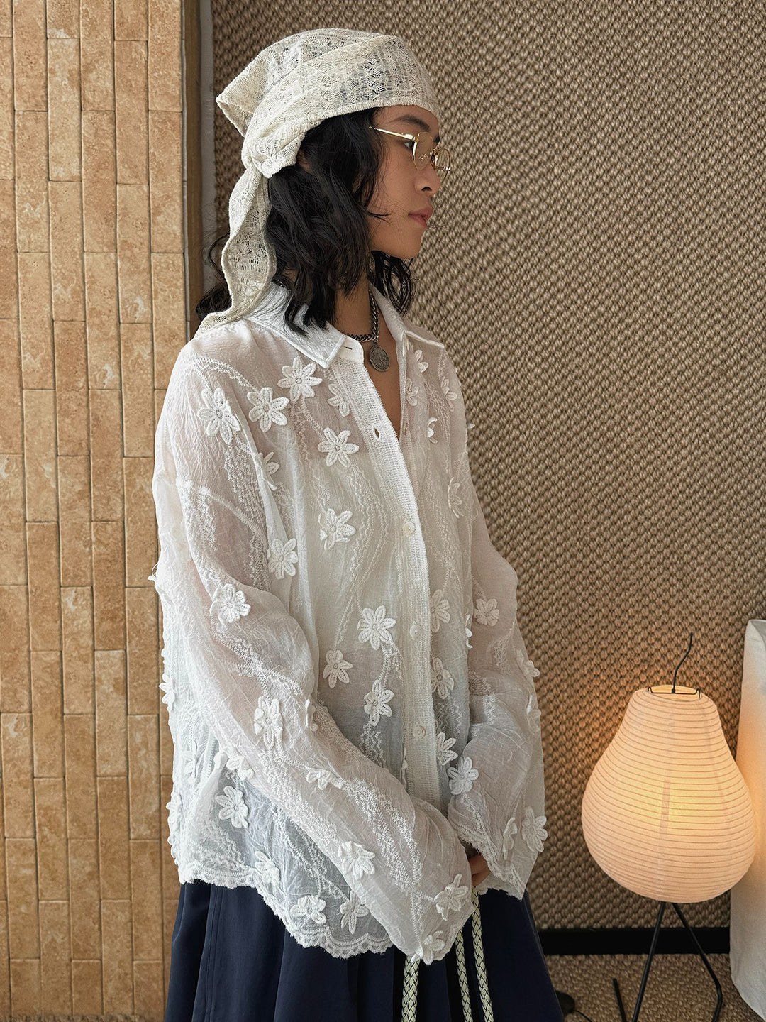 Women's Transparent Blouse with 3D Flower Embroidery, Shirt Collar and Button Placket Amarae