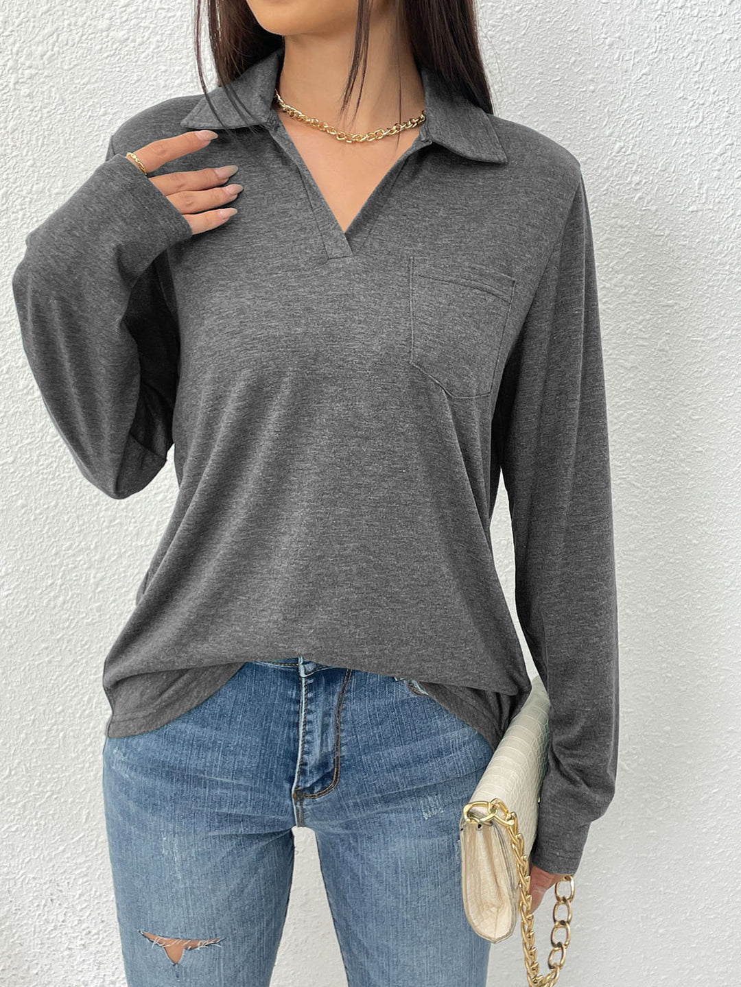 Long-sleeve blouse for women with modern collar and chest pocket Lune London