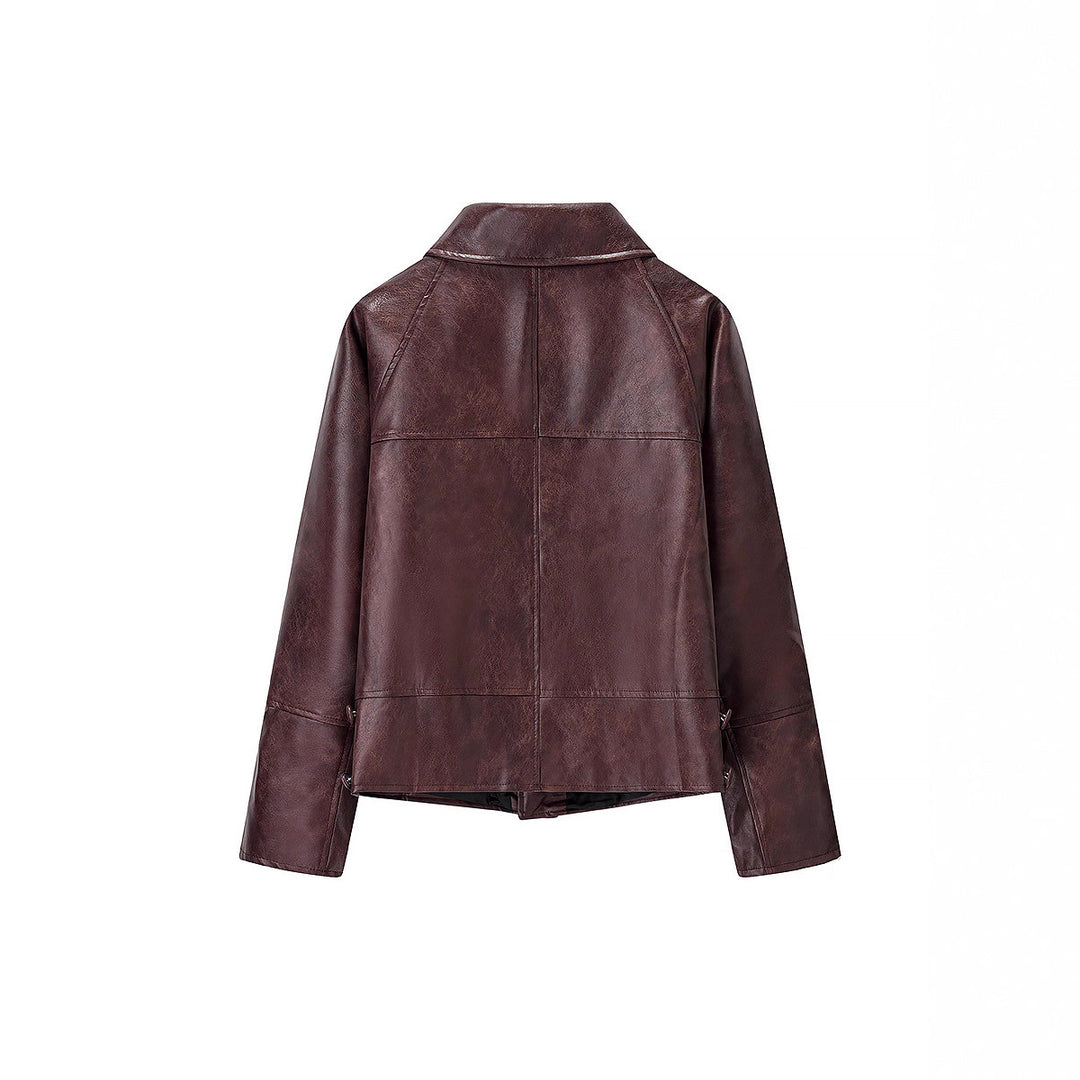 Women Short Boxy Faux Leather Blouson with Geometric Stitch Details and Shirt Collar Amarae