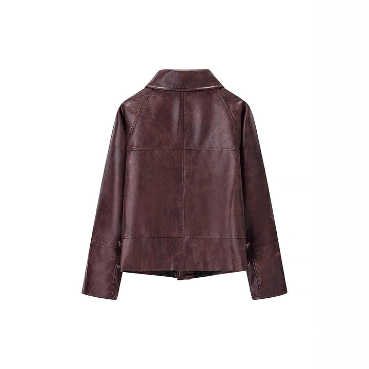 Women Short Boxy Faux Leather Blouson with Geometric Stitch Details and Shirt Collar Amarae