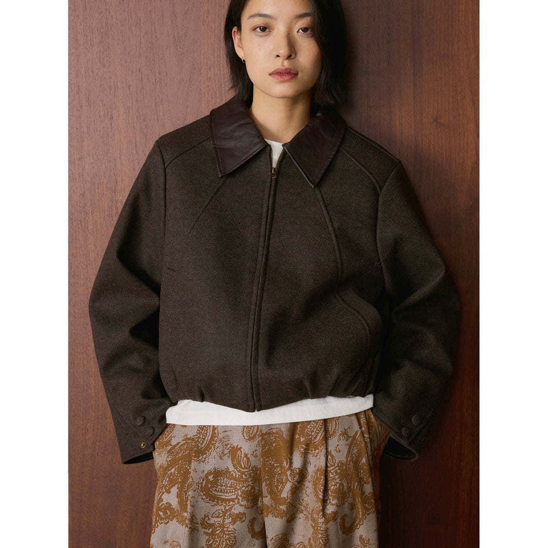 Women's Short Boxy Wool Jacket with Contrasting Leather Collar Amarae