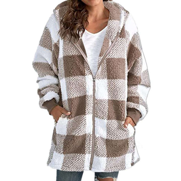 Women's Checked Teddy Fleece Coat with Hood and Zipper Amarae
