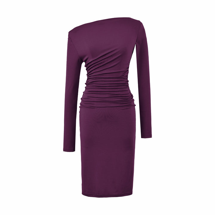 Women's Asymmetric One-Shoulder Midi Dress with Gathering and Long Sleeve Amarae