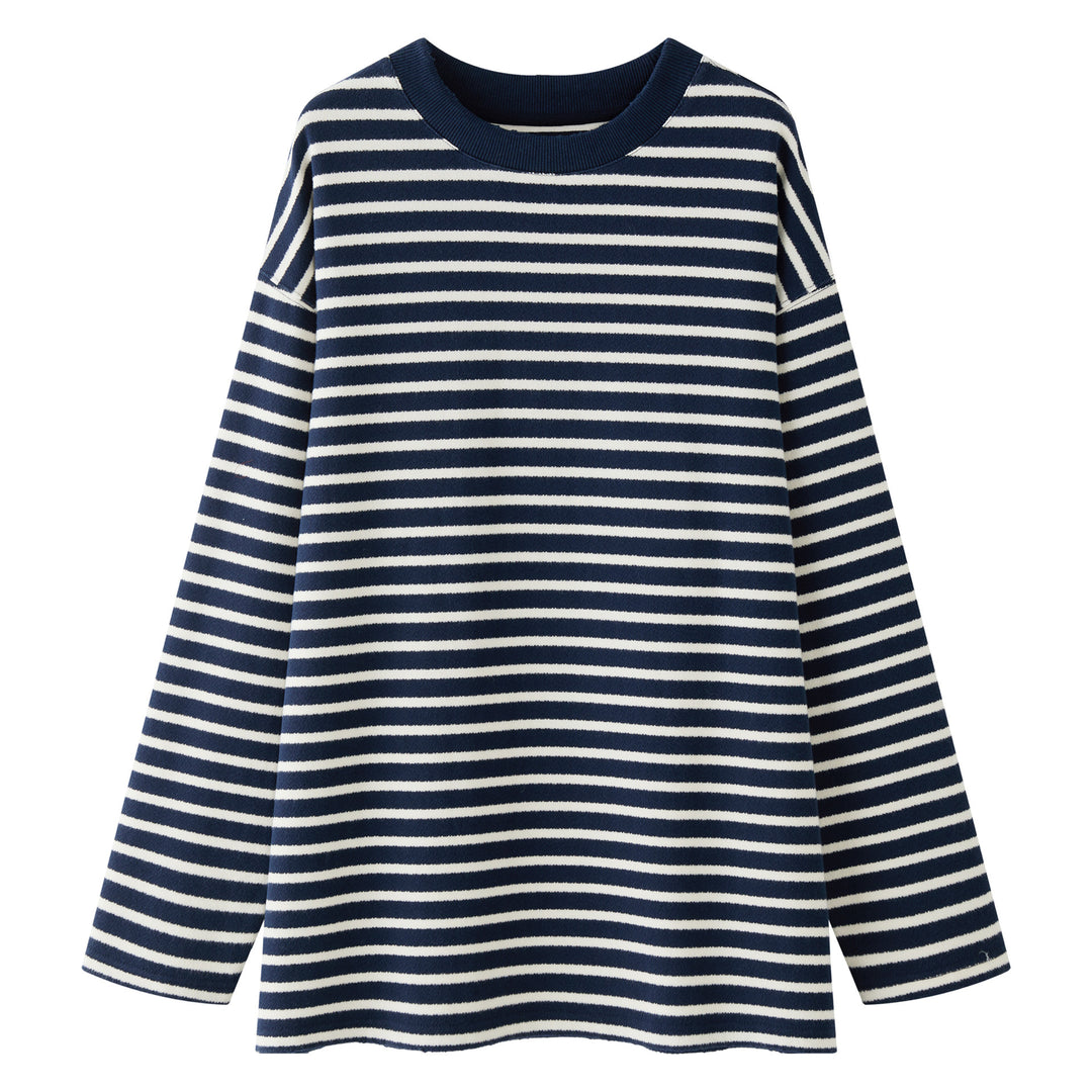 Women's Striped Oversize Knit Sweater with Boxy Silhouette and Ribbed Round Neck