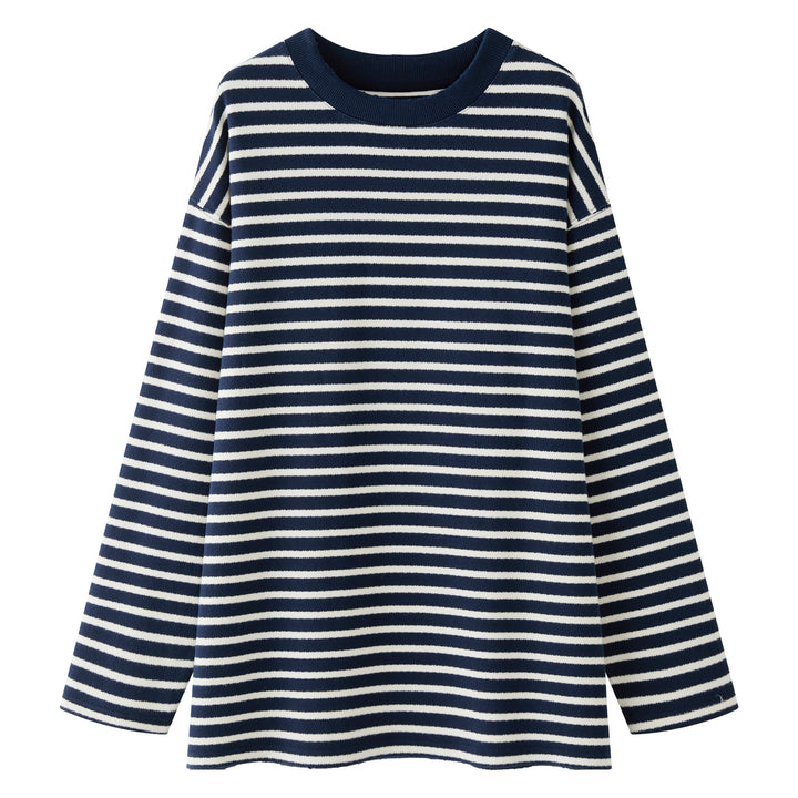 Women's Striped Oversize Knit Sweater with Boxy Silhouette and Ribbed Round Neck