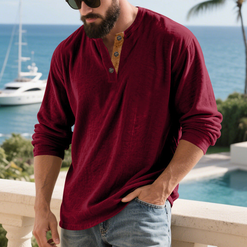 Men's long sleeve Henley shirt with textured fabric and trendy button details Lune London