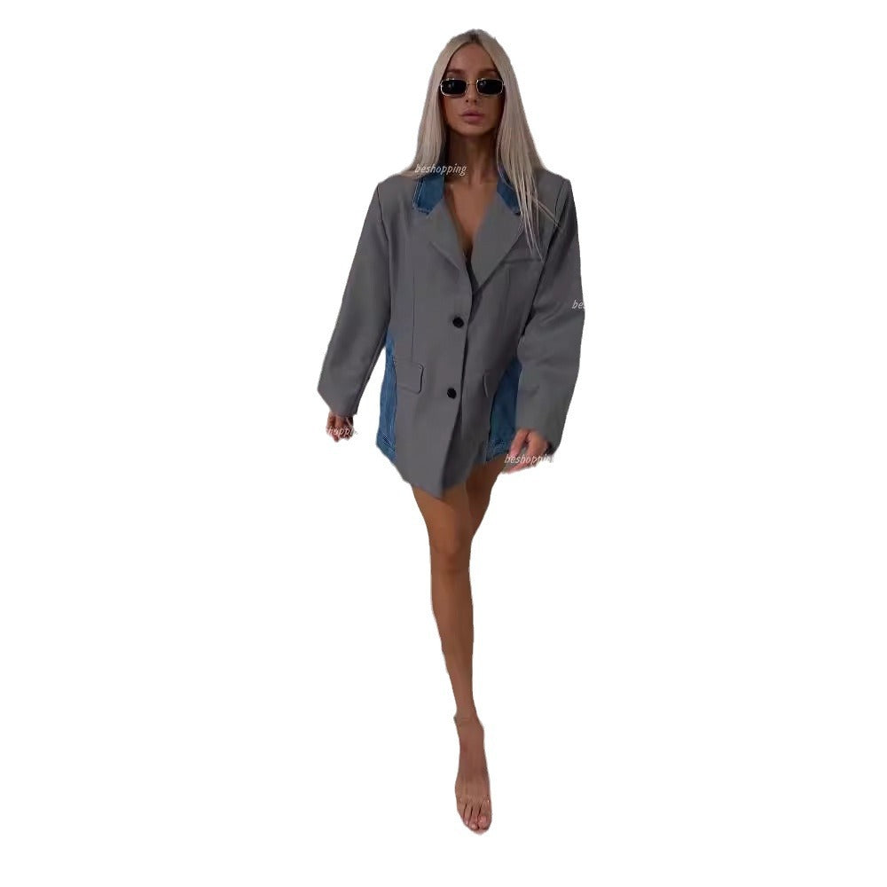 Modern blazer jacket for women with an innovative denim design and chic stylish details