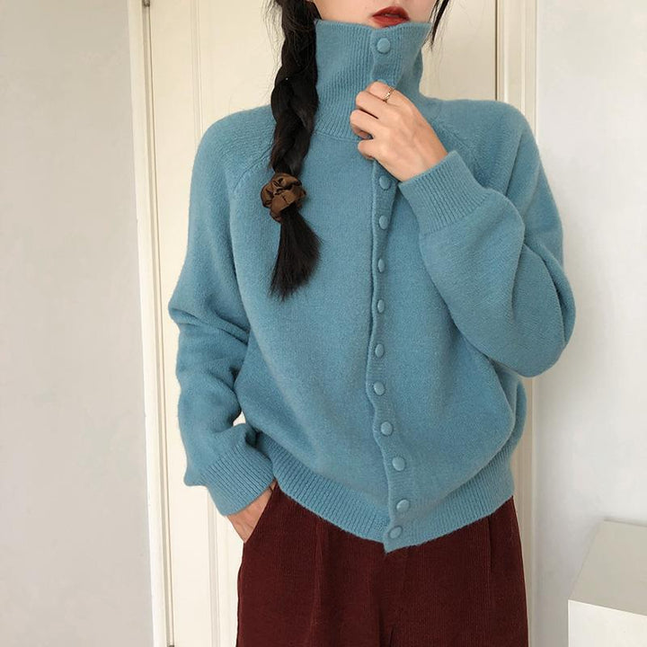 Women's knit jacket with modern turtleneck and button details Lune London