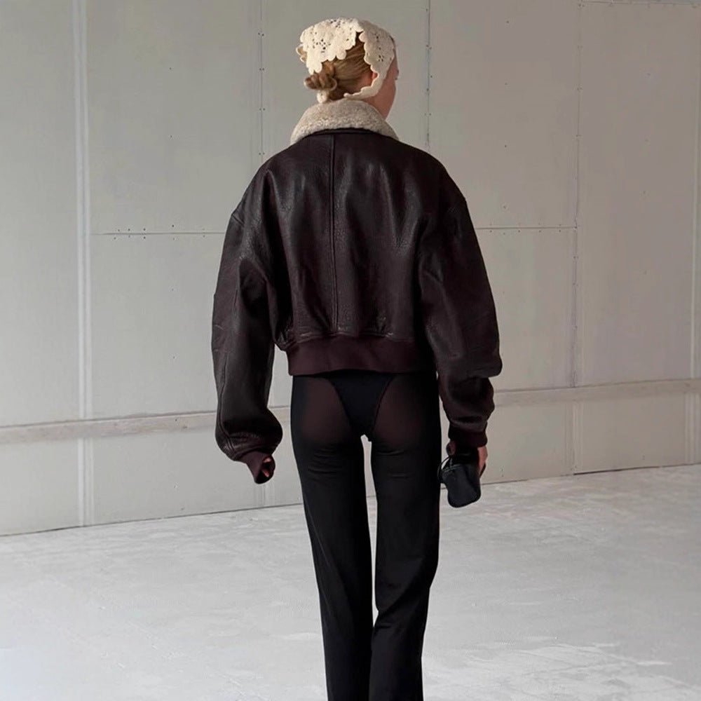 Ladies Oversized Pilot Jacket in Biker Bomber Style with Teddy Collar Amarae