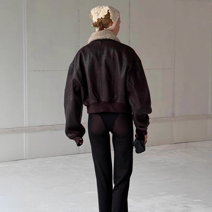 Ladies Oversized Pilot Jacket in Biker Bomber Style with Teddy Collar Amarae