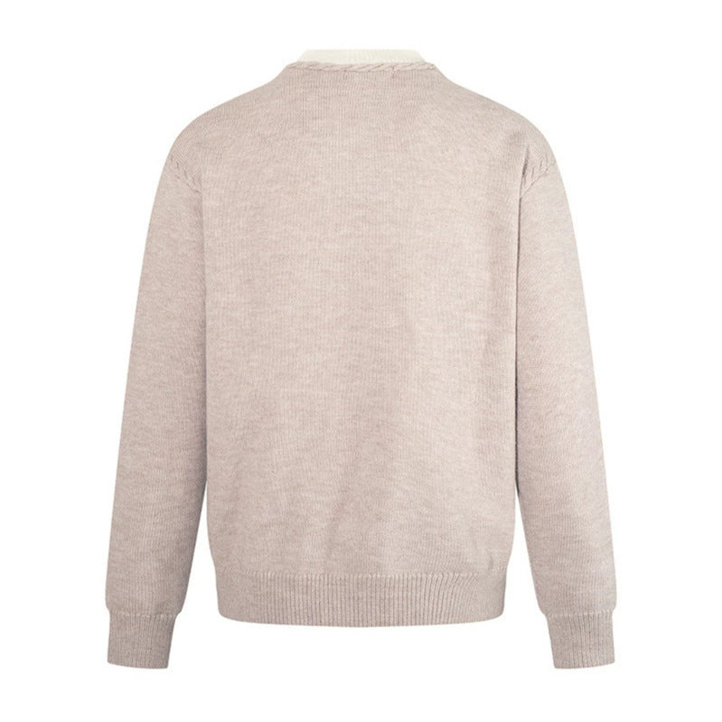Men's Fine V-Neck Sweater with Layered Look and Stand-Up Collar Inner Part Amarae