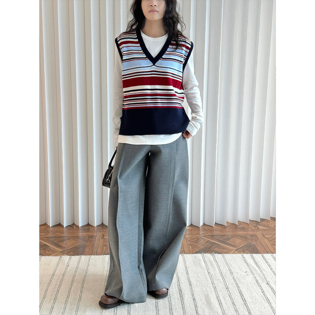 Women Striped Knit Vest with V-Neck and Ribbed Hem Amarae