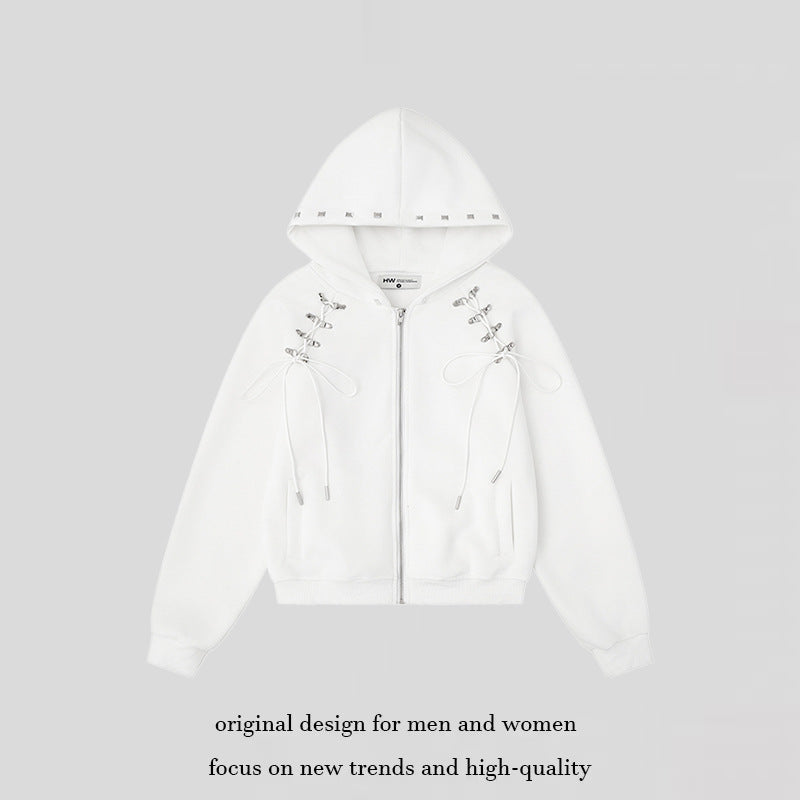 Women's hooded sweat jacket with lacing, metal eyelets, and long zipper Amarae