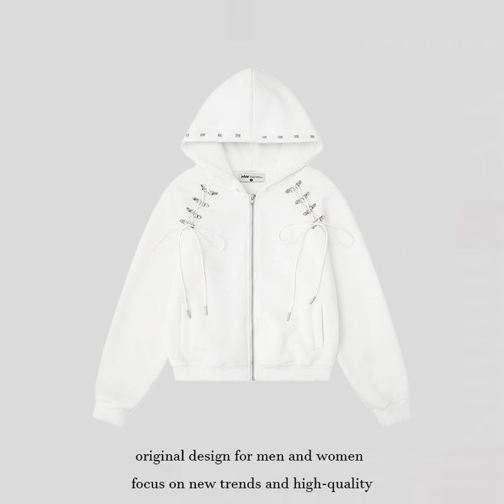 Women's hooded sweat jacket with lacing, metal eyelets, and long zipper Amarae