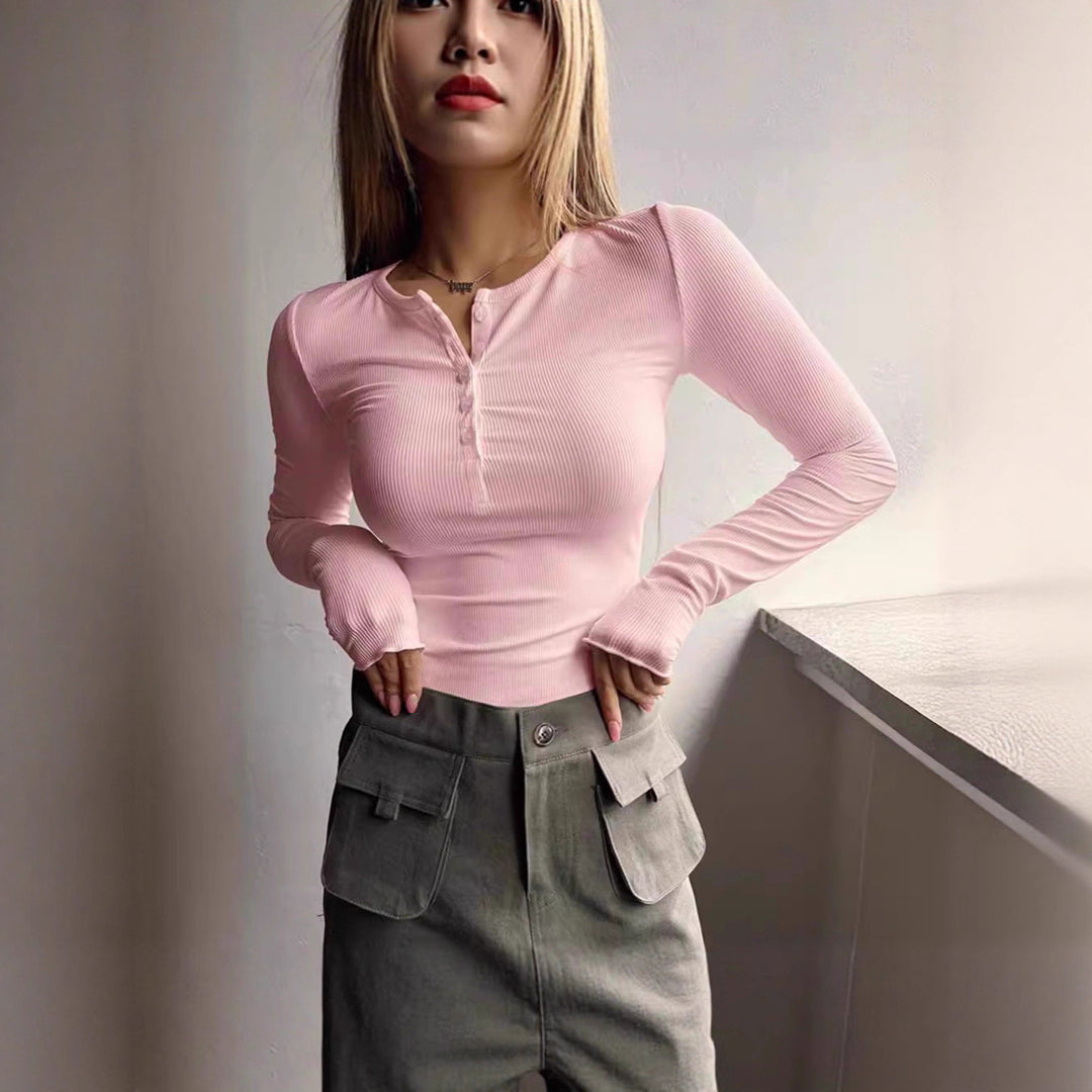 Long sleeve women's t-shirt with textured rib pattern and strategic button closure Lune London