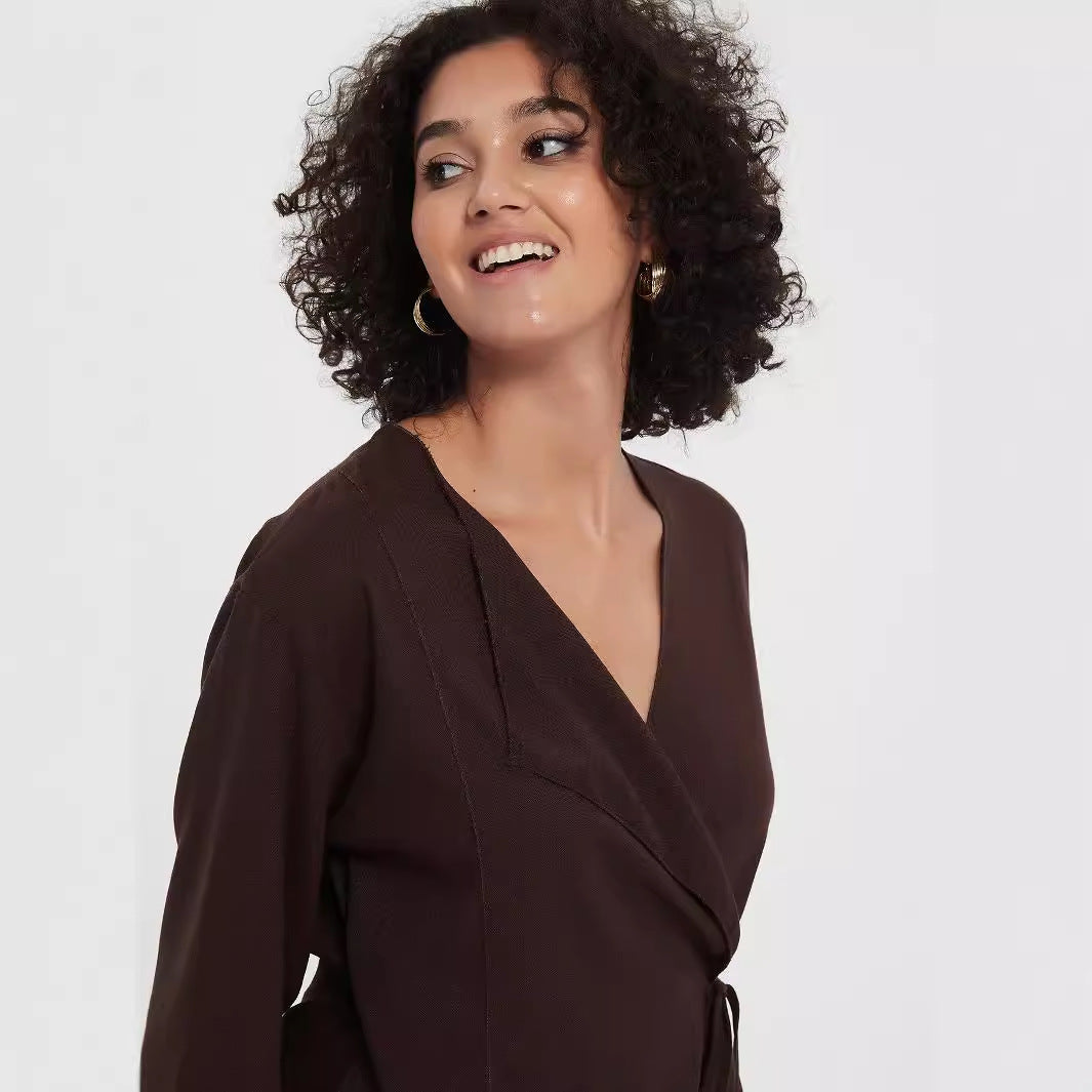 Women's two-piece wrap set made of flowing viscose blend with wide palazzo pants leg Amarae