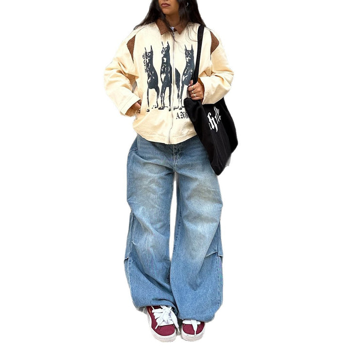Streetwear jacket for women with a unique dog print and casual cuts Lune London