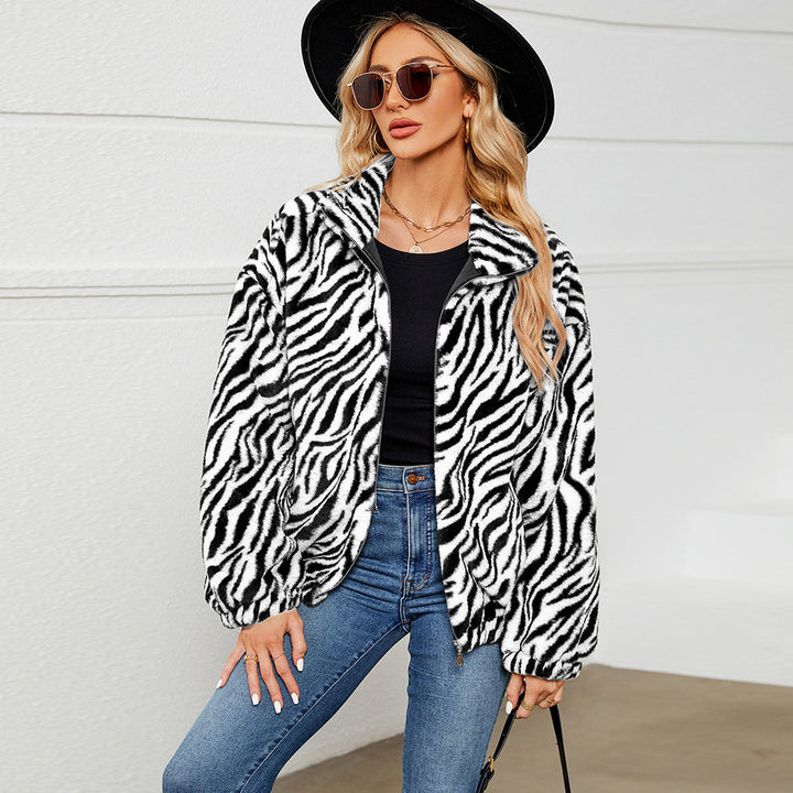 Ladies Cozy Fleece Jacket with Chic and Stylish Zebra Design