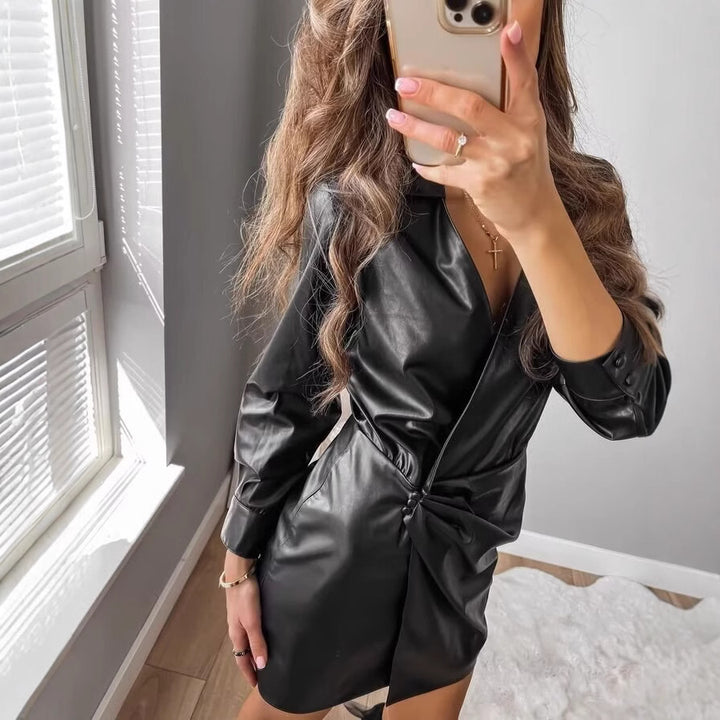 Ladies' wrap mid coat made of faux leather with knot detail and shirt collar Amarae