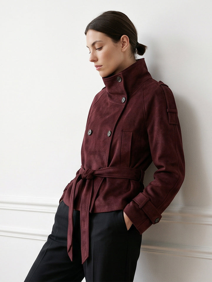 Women's Tailored Short Jacket in Suede Look with Double Breasted and Stand-Up Collar Amarae