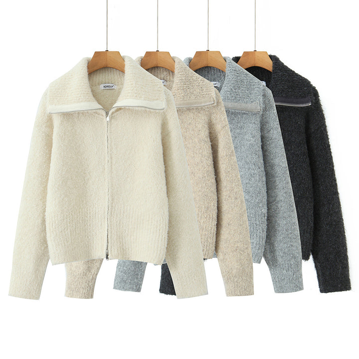 Elegant short jacket for women with soft high collar and zipper Lune London