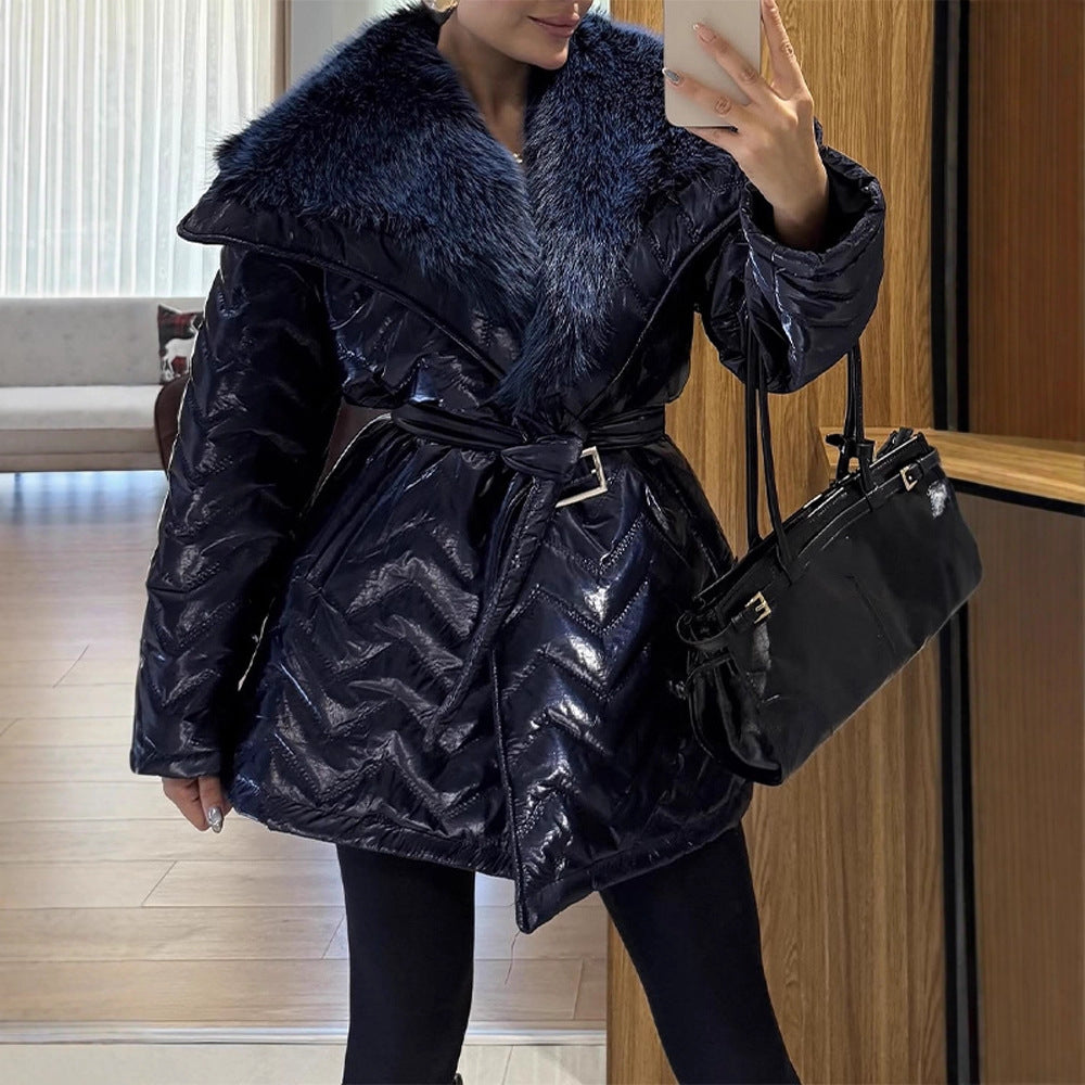 Ladies Shiny Padded Jacket with Waist Belt and Voluminous Faux Fur Collar Amarae
