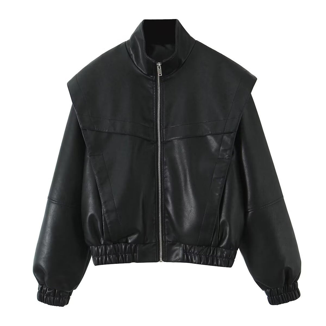 Ladies stylish faux leather jacket with high collar and elastic hem Lune London