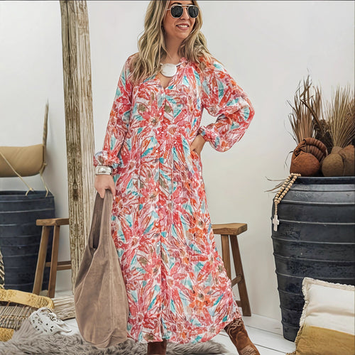 Maxi dresses for women with a colorful floral print and a slight V-neck Amarae