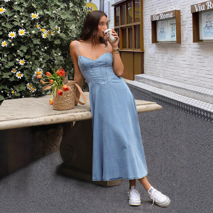 Maxi denim dress for women with elegant cut and spaghetti straps Chic & Stil