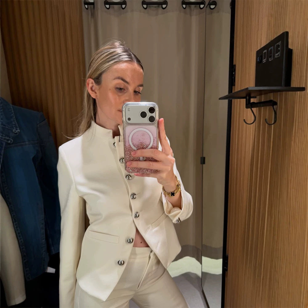 Women Tailored Blazer with Stand Collar and Silver Decorative Buttons Amarae