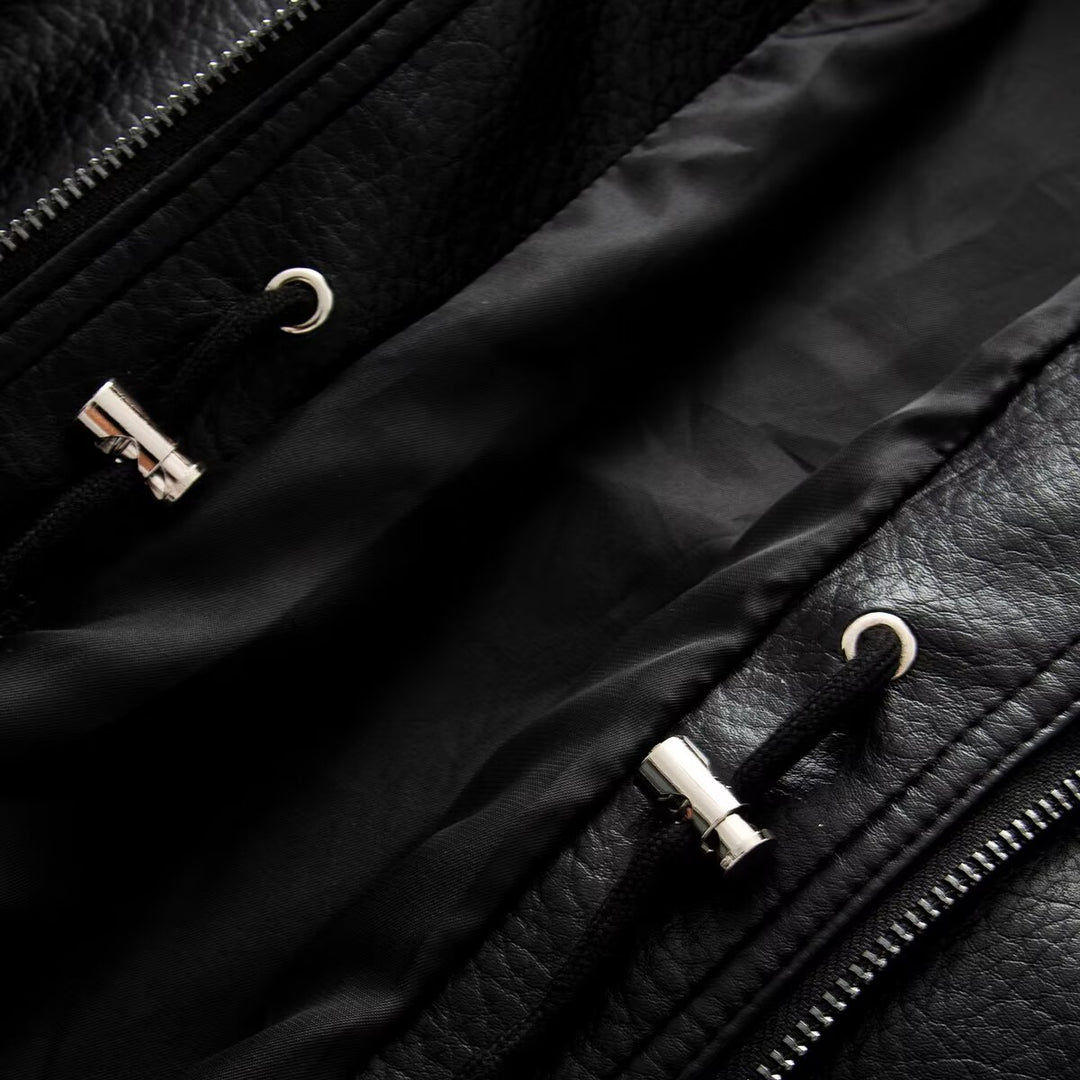 Women Oversized Double-Breasted Faux Leather Coat with Drawstring and Stand-Up Collar Amarae